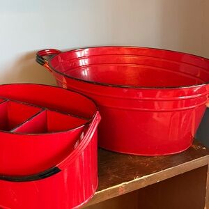 Vintage Red with Black Enamelware Utensil Holder & Large Ice Bucket July 4th